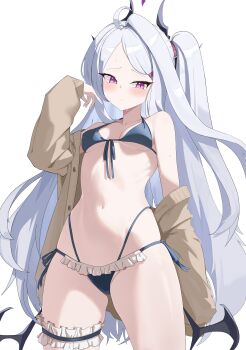 1girl absurdres ahoge bikini blue_archive breasts commentary_request demon_girl demon_horns demon_wings dust_bunny_(dtky5772) halo highres hina_(blue_archive) horns long_hair looking_at_viewer low_wings navel purple_eyes small_breasts solo swimsuit very_long_hair white_hair wings