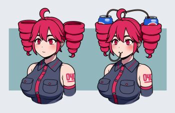 1girl ahoge black_shirt breasts can closed_mouth collared_shirt commentary detached_sleeves drink_can drinking drinking_straw english_commentary hair_between_eyes highres jam-orbital kasane_teto kasane_teto_(utau) large_breasts light_blush long_hair long_sleeves low_twintails red_eyes red_hair shirt sleeveless sleeveless_shirt smile soda soda_can twintails utau