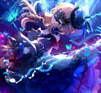 1girl bare_shoulders black_dress black_flower black_gloves black_rose blonde_hair blue_butterfly blue_eyes blue_flower blue_rose blurry bug butterfly commentary_request domino_mask dress eye_mask floating_hair flower gloves hair_flower hair_ornament highres indoors insect komorihikki long_hair looking_at_viewer mask original parted_lips rose sensitive solo