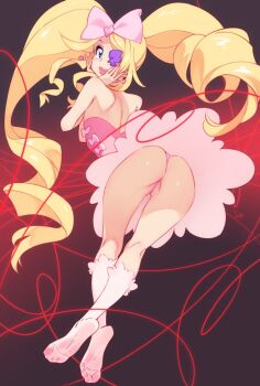 1girl ass bare_back bare_shoulders big_hair blue_eyes bow cleft_of_venus commentary dress drill_hair earrings english_commentary eyepatch feguimel female_focus flat_ass flat_chest from_behind hair_bow hands_on_own_face harime_nui heart heart_earrings jewelry kill_la_kill kneepits life_fiber long_hair looking_back panties pink_bow pink_dress pink_panties pink_socks socks solo strapless strapless_dress string string_of_fate thong twin_drills underwear upskirt very_long_hair wedgie