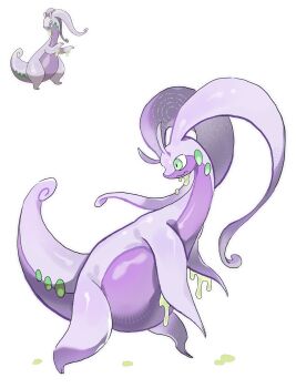 1other antennae bairizuomeng closed_mouth colored_skin dragon full_body furry gen_6_pokemon goodra green_eyes highres looking_to_the_side multicolored_skin nintendo pokemon pokemon_(creature) purple_skin reference_inset simple_background slime_(substance) slug solo standing two-tone_skin white_background