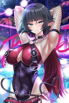 1girl amamiya_kure animal_ears armpits arms_behind_head black_hair black_leotard blunt_bangs breasts cleavage closed_mouth commentary ear_piercing elbow_gloves english_commentary fishnet_gloves fishnets gloves gradient_hair green_eyes highres jane_doe_(zenless_zone_zero) large_breasts leotard long_hair mouse_ears mouse_girl mouse_tail multicolored_hair piercing red_hair smile solo tail torn_clothes torn_gloves zenless_zone_zero
