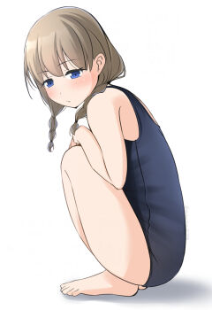 1girl bare_shoulders blue_eyes blue_one-piece_swimsuit braid brown_hair commentary_request full_body hair_over_shoulder low_twintails one-piece_swimsuit original school_swimsuit shibacha simple_background solo squatting swimsuit twin_braids twintails white_background