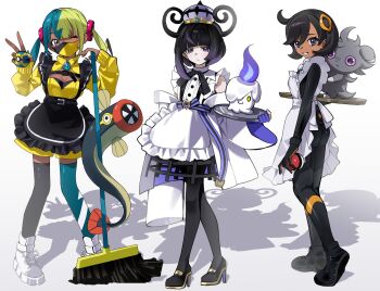 3girls apron ass black_hair black_shoes black_thighhighs blonde_hair blue_hair blue_thighhighs breasts broom canari_(pokemon) cleavage eelektrik emma_(pokemon) espurr gen_5_pokemon gen_6_pokemon gradient_hair gwynn_(pokemon) high_heels highres holding holding_tray large_breasts litwick maid maid_apron mask medium_breasts medium_hair mega_stone mouth_mask multicolored_hair multiple_girls myuga66666 nintendo one_eye_closed poke_ball pokemon pokemon_legends:_z-a purple_eyes purple_hair quick_ball shoes short_hair split-color_hair thighhighs tray