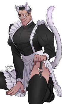 1boy alternate_costume animal_ears apron ass ass_peek bara black_dress black_hair black_shirt black_shoes black_thighhighs blue_eyes cabbage_(ncalabby) cat_boy cat_ears cat_tail clothes_lift collared_dress covered_pectorals crossdressing crossdressing_(mtf) dress dress_lift enmaided french_maid_(outfit) frilled_apron frilled_shirt_collar frilled_skirt frilled_sleeves frills full_body furrowed_brow garter_straps glasses heart_ring_strap high_collar highres kemonomimi_mode kneeling large_pectorals lifting_dress lifting_own_clothes long_sleeves looking_to_the_side maid maid_apron maid_headdress male_focus male_maid mature_male medic_(tf2) muscular muscular_male on_floor panties panties_peek pectorals pink_panties puffy_long_sleeves puffy_sleeves shirt shoes short_hair sideways_glance signature simple_background sitting skirt skirt_lift smile solo tail team_fortress_2 thick_thighs thigh_focus thighhighs thighs underwear white_apron white_background white_fur white_headdress