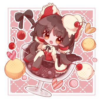 Rule 34 | 1girl, black ribbon, bow, brown eyes, brown hair, cherry, chibi, chibi only, cup, cupping glass, detached sleeves, food, frilled bow, frilled hair tubes, frills, fruit, gohei, hair bow, hair tubes, hakurei reimu, heart, inukkomaru, neck ribbon, open mouth, red bow, red footwear, red skirt, ribbon, skirt, solo, touhou