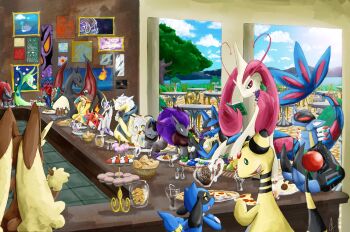 absurdres alternate_color ampharos armaldo berry berry_(pokemon) blush bread cafe charizard charmeleon cookie cupcake eating everyone fire flame-tipped_tail floatzel food fruit furry gen_1_pokemon gen_2_pokemon gen_3_pokemon gen_4_pokemon gen_5_pokemon grapes highres huge_filesize lopunny lucario meatball meatballs mienshao milotic nintendo onixtymime pasta pinap_berry pizza pokemon pokemon_(creature) riolu serperior shiny_pokemon spaghetti tail zoroark zorua