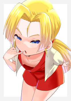 1girl absurdres akita_kirara blonde_hair breasts collarbone dress finger_to_mouth hanging_breasts highres long_hair looking_at_viewer medarot medarot_1 open_mouth ponytail red_dress simple_background skirt solo teeth toku_sonchou white_background