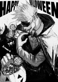 1boy absurdres arm_up blindfold candy cape collared_shirt commentary_request english_text fang food frilled_shirt frills gojou_satoru greyscale halloween_bucket halloween_costume happy_halloween highres jack-o'-lantern jujutsu_kaisen kuwoniagyu11112 lollipop long_sleeves male_focus monochrome open_mouth shirt short_hair smile solo spiked_hair swirl_lollipop upper_body vampire wing_collar