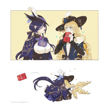 2girls aiguillette ascot awandhaway bare_shoulders black_hat blonde_hair blue_dress blue_eyes clorinde_(genshin_impact) closed_mouth commentary detached_sleeves dress drill_hair epaulettes food genshin_impact hat heart highres kiss long_hair looking_at_another multiple_girls navia_(genshin_impact) pocky pocky_day purple_ascot purple_eyes purple_hair shirt smile sparkle white_shirt yuri