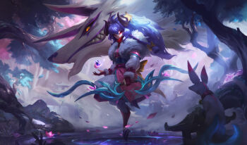 1girl absurdres black_gloves blue_hair bow_(weapon) falling_petals flower gloves hair_ribbon highres hooves horn_flower horns hozure japanese_clothes kindred_(league_of_legends) lamb_(league_of_legends) league_of_legends long_hair mask official_art petals pond red_scarf ribbon scarf spirit_blossom_(league_of_legends) spirit_blossom_kindred tree water weapon white_fur wolf wolf_(league_of_legends)