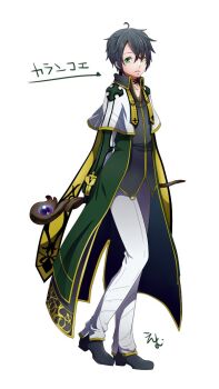 Rule 34 | 1boy, alternate color, arms behind back, black hair, black shoes, choker, coat, collared shirt, commentary request, expressionless, flowery peko, full body, green coat, green eyes, hair between eyes, heterochromia, holding, holding staff, long sleeves, looking at viewer, mage staff, male focus, official alternate costume, open clothes, open coat, pants, ragnarok online, shirt, shoes, short hair, simple background, solo, staff, standing, white background, white choker, white pants, yellow eyes