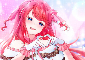 1girl absurdres bare_shoulders blue_eyes blush bow collarbone dress frilled_gloves frills gloves hair_ribbon half-closed_eyes head_tilt heart heart_hands highres idol idol_clothes long_hair looking_at_viewer off-shoulder_dress off_shoulder open_mouth pink_bow pink_hair rain_re_a re:zero_kara_hajimeru_isekai_seikatsu red_hair ribbon smile solo sparkle teeth theresia_van_astrea two_side_up upper_body virtual_youtuber white_gloves
