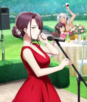 3girls alcohol arm_up asakura_mihono bare_shoulders bow bracelet breasts cake cake_slice chair champagne_bottle cleavage closed_eyes closed_mouth collarbone comedic_sweatdrop cup dark-skinned_female dark_skin day dress drinking_glass drunk flower food fork formal_clothes from_side game_cg grass grey_hair hair_bow hair_bun hand_up hedge hug jewelry juice large_breasts long_hair looking_at_viewer maniwa_sana mature_female medium_hair microphone_stand mole mole_under_eye multiple_girls off-shoulder_dress off_shoulder official_art open_mouth orange_juice outdoors pink_bow pink_dress pink_flower pink_rose plant plate potted_plant red_dress red_lips rose round_table short_hair sidelocks sideways_mouth single_hair_bun sleeveless sleeveless_dress smile solo_focus stage stairs stone_stairs sweatdrop table tablecloth takatsu_yukina third-party_source toji_no_miko toji_no_miko:_kizamishi_issen_no_tomoshibi tree vase wine yellow_dress