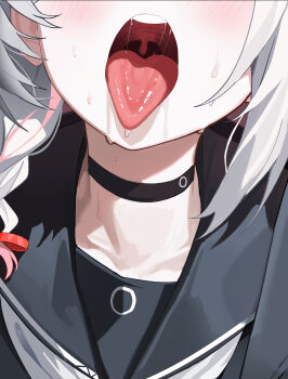 Rule 34 | 1girl, absurdres, black choker, black serafuku, blue archive, braid, choker, close-up, commentary request, drooling, highres, iv (iv70311741), light blush, multicolored hair, neck, open mouth, plana (blue archive), sailor collar, saliva, saliva trail, school uniform, serafuku, single braid, solo, streaked hair, teeth, tongue, tongue out, upper teeth only, white hair