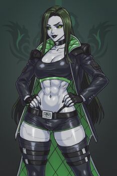 Rule 34 | 1girl, abs, android, bikini, bikini bottom under shorts, bikini under clothes, black lips, black tank top, breasts, choker, csaurageul, green eyes, green hair, hands on own hips, jacket, large breasts, looking at viewer, muscular, muscular female, original, shorts, swimsuit, tank top