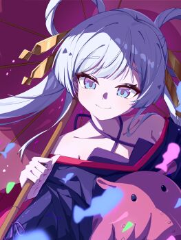 1girl absurdres bare_shoulders blue_eyes blue_kimono chinese_commentary cho_kaguya-hime! closed_mouth collarbone commentary_request fish floating_hair hair_ornament hair_rings hair_stick hand_up highres holding holding_umbrella japanese_clothes kimono long_hair long_sleeves looking_at_viewer octopus off_shoulder oil-paper_umbrella runami_yachiyo smile solo twintails two-tone_kimono umbrella upper_body white_hair yanb.cy_0kb