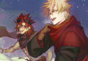 Rule 34 | 2boys, abs, alternate costume, bakugou katsuki, blonde hair, boku no hero academia, brown cape, brown gloves, cape, commentary, fangs, gloves, highres, kirishima eijiro, leather, leather gloves, looking at another, looking at viewer, male focus, medium hair, multiple boys, open mouth, pointing, red eyes, red hair, sharp teeth, short hair, snowing, spiked hair, symbol-only commentary, teeth, tobionart, twitter username