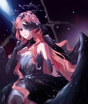 1girl absurdres asymmetrical_sidelocks bare_shoulders bird_wings black_collar black_dress black_gloves black_halo black_wings chinese_commentary collar commentary cowboy_shot crimson_feather_(infinity_nikki) detached_collar dress elbow_gloves eyelashes feather_dress feather_trim feathered_wings gloves gown halo hand_on_own_chest head_wings high_collar highres infinity_nikki light_particles lips long_hair long_sidelocks looking_at_viewer multiple_wings nikki_(series) one_eye_closed parted_bangs parted_lips pink_lips red_eyes red_hair shatang_juxiaogou sidelocks smile solo space spiked_halo standing star_(sky) strapless strapless_dress teeth very_long_hair wavy_hair wings