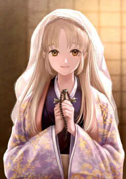 1girl alternate_costume blurry blurry_background brown_eyes brown_hair commentary_request cross eyelashes floral_print glint grin hair_over_shoulder haori holding holding_cross holding_rosary indoors japanese_clothes kimono lips long_hair looking_at_viewer nijisanji own_hands_clasped own_hands_together oyu_(b_47p) parted_bangs purple_haori purple_kimono rosary shouji sister_claire sliding_doors smile solo straight-on unmoving_pattern upper_body veil virtual_youtuber white_veil