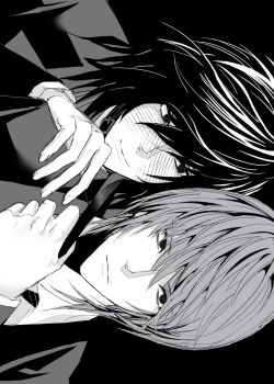 2boys black_background closed_mouth collared_shirt commentary_request death_note greyscale gwakchili hair_between_eyes hand_on_another's_shoulder highres holding holding_leash jacket leash light_smile looking_to_the_side male_focus mikami_teru monochrome multiple_boys shirt short_hair sideways simple_background suit_jacket yagami_light yaoi