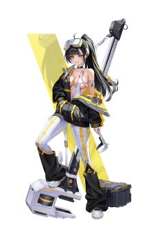 Rule 34 | 1girl, absurdres, ahoge, arm strap, black choker, black hair, black jacket, blush, breasts, buckle, caliper, choker, full body, goggles, goggles on head, grin, hand in pocket, hashtag-only commentary, highres, holding, jacket, key, large breasts, long hair, long sleeves, looking at viewer, multicolored jacket, off shoulder, original, oversized object, pants, pliers, ponytail, puffy long sleeves, puffy sleeves, quilted jacket, screwdriver, shoes, single bare shoulder, single off shoulder, smile, snap-fit buckle, sneakers, solo, standing, stepping on object, tight clothes, tight pants, toolbox, two-sided fabric, two-sided jacket, two-tone jacket, very long hair, white pants, white shoes, yellow eyes, yellow jacket, yuridango