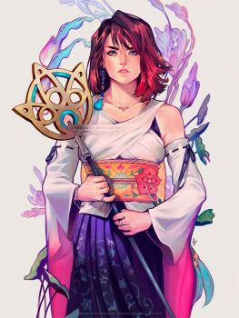 Rule 34 | 1girl, bare shoulders, blue eyes, blue skirt, brown hair, collarbone, commentary, cowboy shot, detached sleeves, earrings, english commentary, final fantasy, final fantasy x, floral background, green eyes, heterochromia, highres, holding, holding staff, jewelry, lips, looking at viewer, medium hair, necklace, nontraditional miko, obi, parted lips, pink lips, print skirt, ring, sash, single earring, skirt, solo, staff, straight-on, tholia bentz, twitter username, white sleeves, wide sleeves, yuna (ff10)