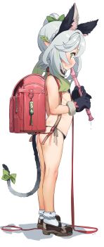 1girl absurdres animal_ears animal_hands backpack bag bdsm bikini blush bow brown_shoes cat_ears cat_tail collar crime_prevention_buzzer dorontabi fake_animal_ears fake_tail female_focus flat_chest flute from_side full_body genshin_impact gloves green_eyes green_hair green_ribbon grey_hair hair_ribbon highres instrument leash loafers loli long_hair looking_at_viewer micro_bikini nahida_(genshin_impact) paw_gloves playing_flute playing_instrument profile randoseru red_collar ribbon shoes simple_background slave socks solo standing swimsuit tail tail_bow tail_ornament white_background white_socks