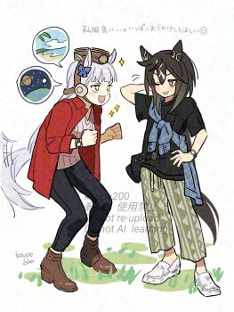 +_+ 2girls animal_ears black_hair black_pants black_shirt blue_shirt blunt_bangs blush bow brown_eyes brown_hair camouflage casual ear_covers fanny_pack gold_ship_(casual)_(umamusume) gold_ship_(umamusume) grey_hair hair_between_eyes hat highres horse_ears horse_girl horse_tail jacket koppe_koppe long_hair long_sleeves multicolored_hair multiple_girls one_eye_closed open_clothes open_jacket open_mouth pants pillbox_hat purple_eyes red_jacket shirt shoes smile sparkle speech_bubble star-shaped_pupils star_(symbol) stay_gold_(casual)_(umamusume) stay_gold_(umamusume) streaked_hair sweater symbol-shaped_pupils tail tail_wagging umamusume watch white_hair white_sweater wristwatch