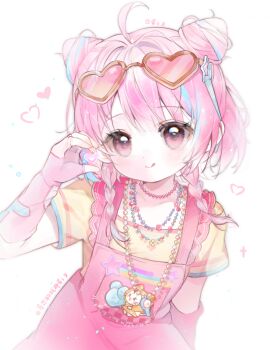 1girl :q ahoge baonu_de_zhanshen_caibutou bead_choker bead_necklace beads braid brown-framed_eyewear character_print chinese_commentary choker closed_mouth commentary_request cone_hair_bun cowboy_shot dot_nose double_bun eyelashes eyewear_on_head fingerless_gloves frilled_straps gloves hair_bun hair_intakes half-heart_hands happy heart heart-shaped_eyewear highres infinity_nikki jewelry light_blush light_particles long_hair momo_(nikki) multicolored_hair necklace nikki_(series) overall_skirt overalls pink-tinted_eyewear pink_choker pink_eyes pink_gloves pink_hair pink_overalls pocket rainbow_print shirt shooting_star_(symbol) short_sleeves signature simple_background smile solo sparkle star_(symbol) star_print streaked_hair sunglasses sweet_rhapsody_(infinity_nikki) t-shirt tareme tinted_eyewear tongue tongue_out twin_braids white_background yellow_shirt