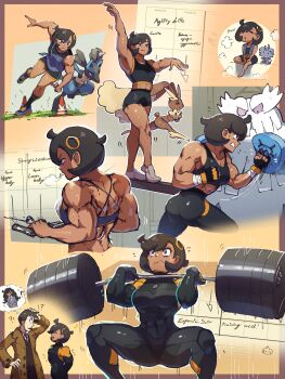 !? 1boy 1girl abomasnow absurdres ass barbell biceps black_bodysuit black_gloves black_hair black_pants black_shorts black_sports_bra bodysuit breasts breath brown_coat chibi chibi_inset clenched_teeth closed_mouth coat commentary covered_abs dark-skinned_female dark_skin eighth_note emma_(pokemon) english_commentary espurr exercising facing_another feet_out_of_frame fingerless_gloves flying_sweatdrops furry gen_4_pokemon gen_6_pokemon gloves hair_ornament highres imagining juno_son large_breasts looker_(pokemon) looking_at_another lopunny lucario mega_stone motion_lines multiple_views muscular muscular_female musical_note nintendo open_mouth pants pokemon pokemon_(creature) pokemon_legends:_z-a purple_eyes running scratching_head short_hair shorts smile sparring speed_lines sports_bra squatting standing strong surprised teeth traffic_cone trench_coat weightlifting yoga_pants