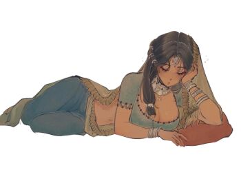 Rule 34 | 1girl, black hair, blue pants, blue shirt, bracelet, braid, breasts, cleavage, closed mouth, dark-skinned female, dark skin, elbow rest, facial mark, forehead mark, french braid, full body, hair ornament, hair over shoulder, hand on own face, hand up, head rest, highres, indian clothes, jewelry, kaalaa baunaa, large breasts, long hair, lying, needtobeleashed, on side, pants, pillow, reverse:1999, sari, shirt, short sleeves, solo, veil, white background, yellow veil