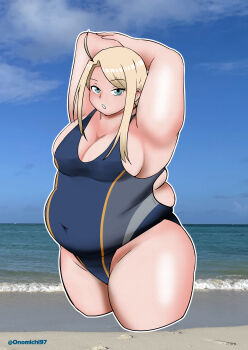 1girl ahoge aqua_eyes armpits arms_behind_head arms_up beach belly blonde_hair blue_one-piece_swimsuit breasts cleavage competition_swimsuit covered_navel fat fat_rolls fat_woman green_eyes kantai_collection long_hair medium_breasts one-piece_swimsuit onomichi onomichi_(528959) open_mouth outdoors photo_background sky solo standing stretching swimsuit thick_thighs thighs twitter_username wasp_(kancolle)
