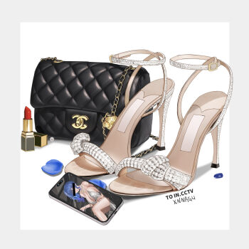 1girl backless_dress backless_outfit bag bar_censor bare_shoulders blue_hair border breasts cellphone cellphone_photo censored censored_identity chain cosmetics dress earrings evening_gown gold_footwear grey_dress halter_dress halterneck handbag high_heels highres jewelry large_breasts lipstick lipstick_mark lipstick_tube makeup necklace official_alternate_costume phone plunging_neckline revealing_clothes sandals shoes side_ponytail sidelocks silver_dress simple_background smartphone solo st._louis_(azur_lane) strappy_heels white_background xnnagu