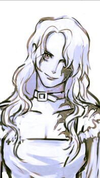 Rule 34 | 1girl, choker, commentary request, eyelashes, genderswap, genderswap (mtf), greyscale, hair over one eye, highres, insect candy, long hair, monochrome, one piece, sabo (one piece), scar, scar across eyes, scar on face, smile, upper body