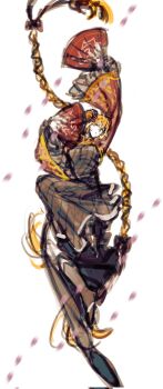 Rule 34 | 1girl, black dress, black shoes, closed mouth, dress, falling petals, folding fan, frilled sleeves, frills, full body, gold trim, hand fan, highres, holding, holding fan, hongyuan (identity) (project moon), ishmael (project moon), labyrinth6868, limbus company, long hair, looking at viewer, low twintails, orange hair, petals, project moon, red shrug, shoes, shrug (clothing), simple background, solo, twintails, very long hair, white background