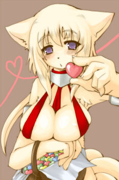 Rule 34 | animal ears, basket, blush, breasts, candy, cleavage, furry, heart, huge breasts, long hair, purple eyes
