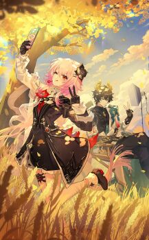 1boy 1girl :p blue_sky book brown_hair cat_princess cloud commentary_request dan_heng_(honkai:_star_rail) dan_heng_(permansor_terrae)_(honkai:_star_rail) dragon_boy dragon_horns dress evernight_(honkai:_star_rail) hair_between_eyes hair_ornament highres holding holding_book holding_phone honkai:_star_rail honkai_(series) horns long_hair long_sleeves march_7th_(honkai:_star_rail) outdoors phone pink_hair pointy_ears red_eyes short_hair sitting sky standing standing_on_one_leg tongue tongue_out tree v wheat_field