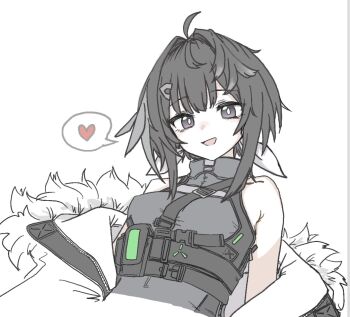 Rule 34 | :d, arknights, bare shoulders, belt, black belt, black hair, black shirt, center-flap bangs, chest strap, fur-trimmed jacket, fur trim, grey eyes, hair intakes, hair ornament, hairclip, head tilt, heart, highres, jacket, jacket partially removed, la pluma (arknights), loving aura, off shoulder, open mouth, portrait, shirt, short hair, sidelocks, sleeveless, sleeveless shirt, smile, speech bubble, sussurrobestmom, unkempt, upper body, white background, white fur, white jacket