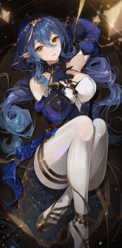 1girl absurdres arm_up bare_shoulders black_dress black_gloves blue_hair blue_hood blue_sleeves bracer breasts claw_ring commentary crossed_legs detached_sleeves dress drill_hair drill_sidelocks from_above full_body genshin_impact gloves gold_shoes gold_trim hair_between_eyes hair_spread_out hand_on_own_chest high_heels highres hood hood_up jewelry knees_up layla_(genshin_impact) legs long_hair long_sleeves looking_at_viewer lying medium_breasts neck_ring on_back pants pointy_ears puffy_long_sleeves puffy_sleeves revision rhtkd shoes sidelocks sleeveless sleeveless_dress solo thighlet thighs twin_drills very_long_hair white_pants yellow_eyes