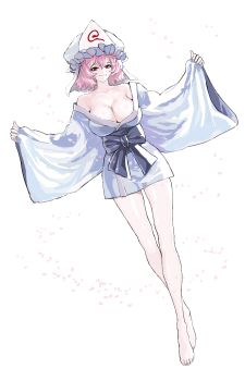 1girl armpit_crease bare_arms bare_shoulders barefoot black_bow blue_hat blue_kimono bow breasts cherry_blossoms cleavage commentary crossed_legs dutch_angle falling_petals frilled_hat frills full_body hat highres japanese_clothes kimblue kimono korean_commentary large_breasts light_smile long_sleeves looking_at_viewer mob_cap petals pink_hair red_eyes saigyouji_yuyuko short_hair simple_background solo toes touhou triangular_headpiece watson_cross white_background wide_sleeves