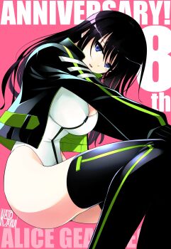 1girl absurdres alice_gear_aegis anniversary black_hair black_jacket black_thighhighs blue_eyes circle_cutout cleavage_cutout clothing_cutout commentary_request companion/af covered_collarbone front_zipper full-length_zipper heattech_leotard highleg highleg_leotard highres invisible_chair jacket kagome_misaki kato_takuji leotard long_hair multicolored_leotard pink_background race_queen sitting solo thighhighs turtleneck two-tone_leotard white_leotard zipper zipper_leotard zipper_pull_tab