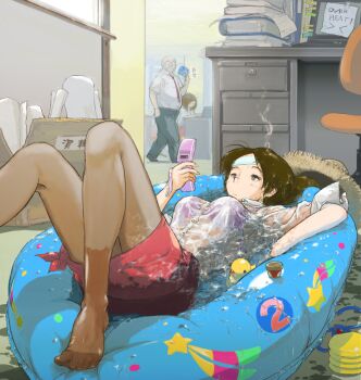 1boy 2girls air_pump barefoot blouse box brown_hair cardboard_box caustics cellphone chair cold_pack computer desk english_text expressionless fanning_face feet foreshortening grey_eyes hat hot indoors laptop legs long_hair lying multiple_girls office office_chair office_lady on_back original pantyhose papers partially_submerged phone pump rubber_duck see-through_clothes shirt skirt sleeves_rolled_up smiley_face smoke solo_focus straw_hat swivel_chair unworn_hat unworn_headwear wading_pool water wet wet_clothes wet_shirt white_shirt ymr