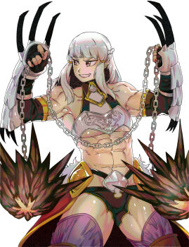 1girl abs absurdres arm_guards armor ball_and_chain_(weapon) bare_shoulders black_gloves black_panties braid breastplate breasts claw_(weapon) commentary elbow_gloves english_commentary fate/grand_order fate_(series) fingerless_gloves gloves grey_eyes grey_hair grin highres long_hair looking_to_the_side medium_breasts minew muscular muscular_female navel panties penthesilea_(fate) purple_thighhighs red_skirt showgirl_skirt sidelocks skirt smile spiked_ball_and_chain thighhighs thighs toned underwear weapon