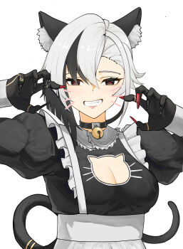 1girl absurdres alternate_costume animal_ear_fluff animal_ears arlecchino_(genshin_impact) bell black_choker black_dress black_eyes black_hair black_hands breasts cat_cutout cat_ears cat_girl cat_tail choker claw_pose cleavage cleavage_cutout clothing_cutout colored_extremities commentary dress english_commentary enmaided genshin_impact grin highres jingle_bell juliet_sleeves kemonomimi_mode large_breasts long_sleeves looking_at_viewer maid multicolored_hair neck_bell puffy_sleeves red_pupils simple_background smile solo symbol-shaped_pupils tail two-tone_hair upper_body variant_set white_background white_hair x-shaped_pupils yellow_glasses_(odivichno)