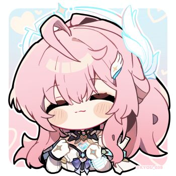 1girl aemeath_(wuthering_waves) ahoge blue_background border breasts chibi chibi_only chinese_commentary closed_eyes closed_mouth commentary_request facing_viewer gloves gradient_background hair_between_eyes hair_ornament halo halo_behind_head heart highres kyou_039 long_hair looking_at_viewer medium_breasts pink_background pink_hair smile solo tacet_mark_(wuthering_waves) twitter_username white_border white_gloves wuthering_waves