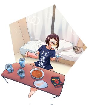 1girl alcohol beer beer_mug blonde_hair brown_hair cellphone colored_inner_hair cup ddas_di drink foam foam_mustache highres hololive izuki_michiru mug multicolored_hair phone smartphone smile solo virtual_youtuber