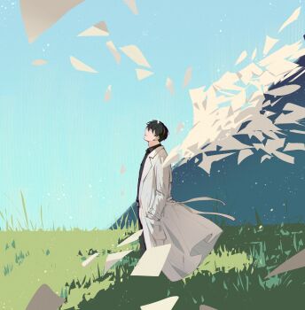 1boy black_hair black_shirt blue_sky clear_sky coat collared_shirt commentary_request day fake_wings flying_paper from_side full_body hands_in_pockets highres kim_dokja male_focus mountainous_horizon omniscient_reader&#039;s_viewpoint open_clothes open_coat paper sanjinmogufufu shirt short_hair sky solo standing white_coat wind wings