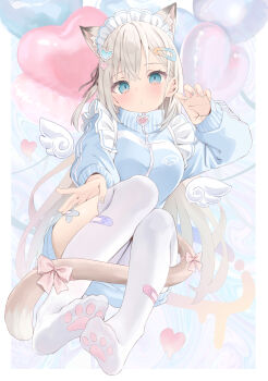 Rule 34 | 1girl, akino ell, animal ear fluff, animal ears, apron, balloon, bandaid, bandaid on leg, black ribbon, blue eyes, blue jacket, blush, brown hair, cat ears, cat girl, cat tail, claw pose, closed mouth, commentary request, crossed bandaids, full body, hair between eyes, hair ornament, hair ribbon, hairclip, hand up, heart, heart balloon, heart hair ornament, highres, jacket, jersey maid, long hair, long sleeves, looking at viewer, maid, maid headdress, nail art, nail polish, no shoes, one side up, original, puffy long sleeves, puffy sleeves, ribbon, sleeves past wrists, soles, solo, tail, thighhighs, track jacket, unconventional maid, very long hair, white apron, white thighhighs