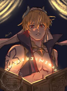Rule 34 | 1boy, arm tattoo, blonde hair, closed mouth, commentary, cropped vest, earrings, fate/grand order, fate (series), gilgamesh, gilgamesh (caster) (fate), gilgamesh (fate), hair between eyes, high collar, highres, jewelry, looking at viewer, male focus, red eyes, short hair, sio k19, solo, tattoo, toned, toned male, topless male, turban, twitter username, upper body, vest, watermark, white turban